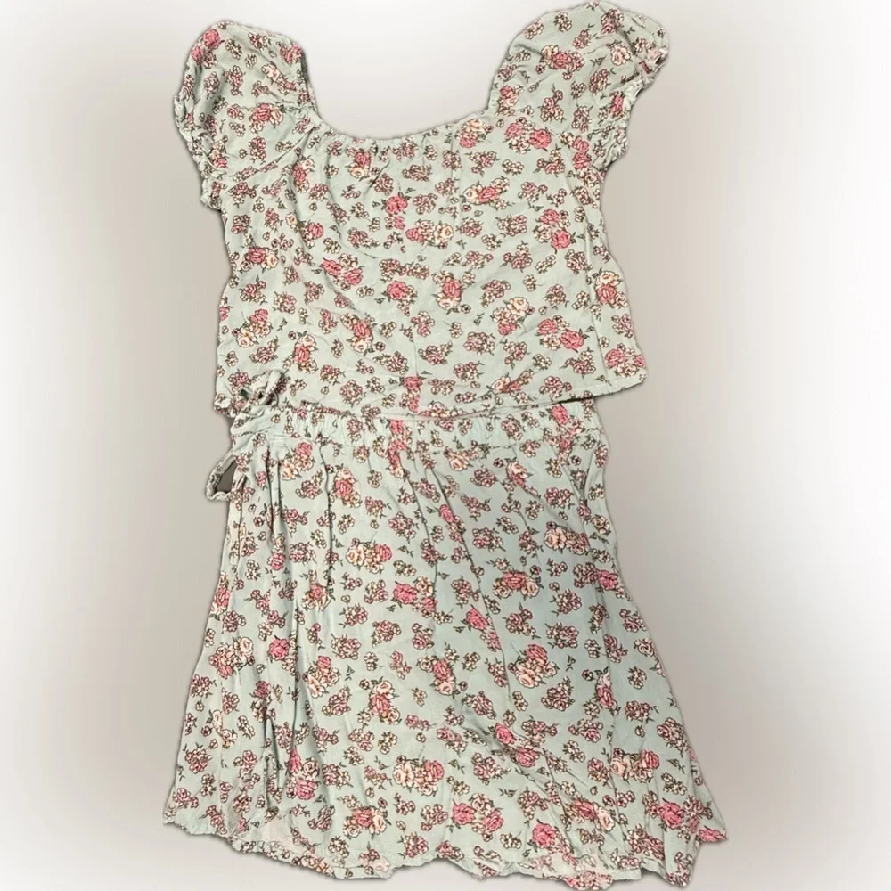 Three Hearts Floral Kids Two Piece Skirt and Top in Light Greenish Blue and Pink